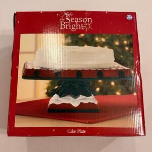 00s Vtg Make the Season Bright Cake Plate Christmas Tree Square 10x10x6"